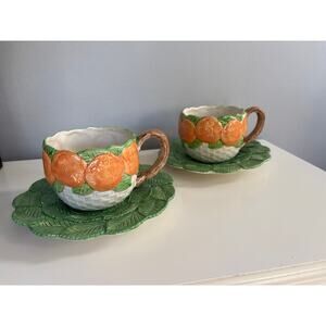 Vintage Fitz And Floyd Fruit Oranges Basket Weave Cup Mug Saucer Majolica Plate